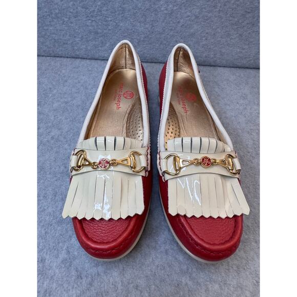 Marc Joseph NY Red Cream Leather Hand-Stitched Golf Moccasins Women’s - Size 6 - Picture 1 of 9